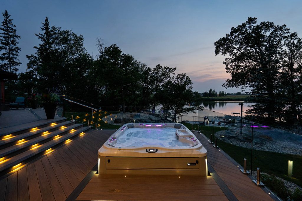luxury deck overlooking water hottub leed lighting