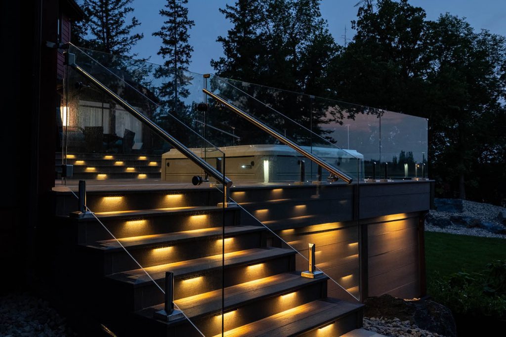 dusk stairs lit led lighting outdoor deck luxury build and design supply